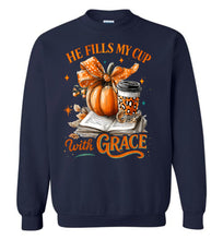 Load image into Gallery viewer, Christian Fall Sweatshirt He Fill My Cup With Grace navy