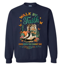 Load image into Gallery viewer, Christian Fall Sweatshirt Walk By Faith Cowgirl Boot Design navy
