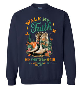 Christian Fall Sweatshirt Walk By Faith Cowgirl Boot Design navy
