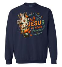 Load image into Gallery viewer, Christian Fall Sweatshirt Fall For Jesus He Never Leaves navy