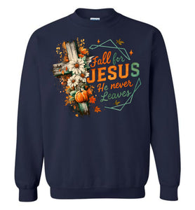 Christian Fall Sweatshirt Fall For Jesus He Never Leaves navy