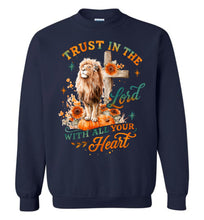 Load image into Gallery viewer, Navy blue sweatshirt with a lion, cross, and floral design on a white background