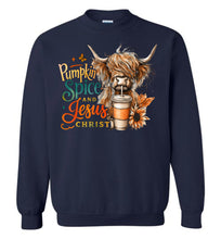 Load image into Gallery viewer, Christian Fall Sweatshirt, Pumpkin Spice And Jesus Christ Highland Cow Shirt navy