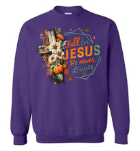 Load image into Gallery viewer, Christian Fall Sweatshirt Fall For Jesus He Never Leaves purple