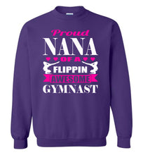 Load image into Gallery viewer, Gymnastics Nana Sweatshirt, Proud Nana Of A Flippin Awesome Gymnast purple