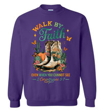 Load image into Gallery viewer, Christian Fall Sweatshirt Walk By Faith Cowgirl Boot Design purple
