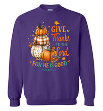 Load image into Gallery viewer, Purple sweatshirt with pumpkins and text design on a white background