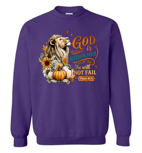 Christian Fall Sweatshirt God Within Her She Will Not Fall purple