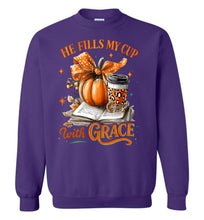 Load image into Gallery viewer, Christian Fall Sweatshirt He Fill My Cup With Grace purple