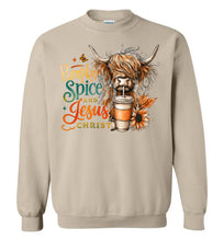 Load image into Gallery viewer, Christian Fall Sweatshirt, Pumpkin Spice And Jesus Christ Highland Cow Shirt tan