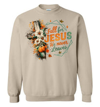 Load image into Gallery viewer, Christian Fall Sweatshirt Fall For Jesus He Never Leaves sand