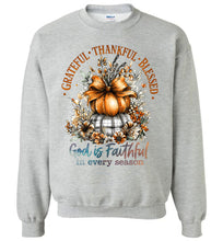 Load image into Gallery viewer, Christian Fall Sweatshirt Grateful Thankful Blessed sport grey