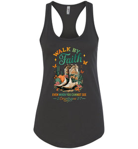 Christian Fall Racerback Tank Top Walk By Faith Cowgirl Boot Design black