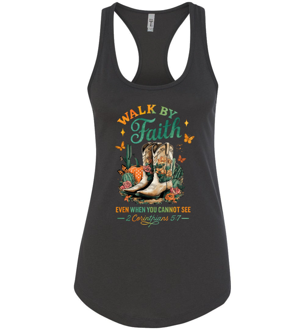 Christian Fall Racerback Tank Top Walk By Faith Cowgirl Boot Design black