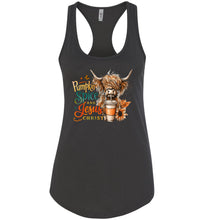 Load image into Gallery viewer, Christian Fall Tank, Pumpkin Spice And Jesus Christ Highland Cow Tank Top black
