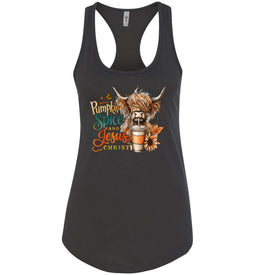 Christian Fall Tank, Pumpkin Spice And Jesus Christ Highland Cow Tank Top black
