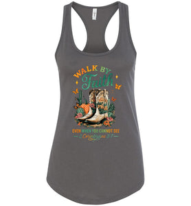 Christian Fall Racerback Tank Top Walk By Faith Cowgirl Boot Design grey