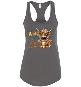 Christian Fall Tank, Pumpkin Spice And Jesus Christ Highland Cow Tank Top grey