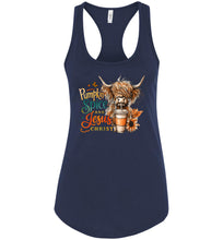 Load image into Gallery viewer, Christian Fall Tank, Pumpkin Spice And Jesus Christ Highland Cow Tank Top navy