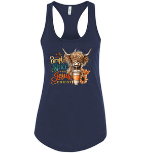 Christian Fall Tank, Pumpkin Spice And Jesus Christ Highland Cow Tank Top navy