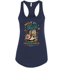 Load image into Gallery viewer, Christian Fall Racerback Tank Top Walk By Faith Cowgirl Boot Design navy
