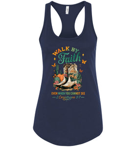 Christian Fall Racerback Tank Top Walk By Faith Cowgirl Boot Design navy