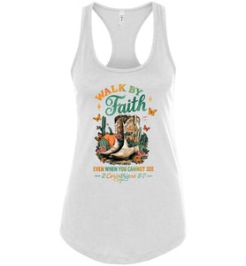 Christian Fall Racerback Tank Top Walk By Faith Cowgirl Boot Design white