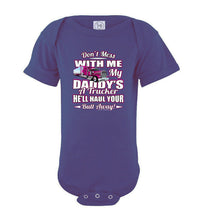 Load image into Gallery viewer, Don&#39;t Mess With Me My Daddy&#39;s A Trucker Kid&#39;s Trucker Tee purple onesie