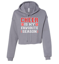 Load image into Gallery viewer, Cheer Is My Favorite Season Cropped Hoodie Red White Design storm