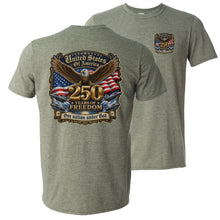 Load image into Gallery viewer, military green t-shirt with American flag and eagle design celebrating 250 years of freedom on a white background.