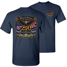 Load image into Gallery viewer, Navy blue t-shirt with 250th anniversary design featuring an eagle and American flag on a white background.