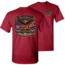 Load image into Gallery viewer, Red t-shirt with 250 Years of Freedom design featuring an eagle and American flag on a white background.