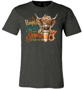 Christian Fall Tee, Pumpkin Spice And Jesus Christ Highland Cow T-Shirt dark heather