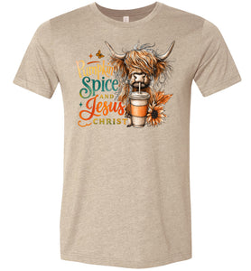 Christian Fall Tee, Pumpkin Spice And Jesus Christ Highland Cow T-Shirt heather tan
