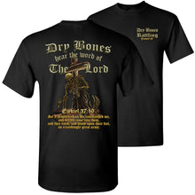 Load image into Gallery viewer, Black short-sleeve t-shirt shown from the back with a second smaller front-view copy behind it. The shirt features a large gothic-style graphic with a skeleton holding a cross, ornate text reading 'Dry Bones hear the word of The Lord,' a Bible verse, and a small 'Dry Bones Battling' logo on the left chest.
