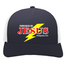 Black and white cap with 'Powered by Jesus' text and lightning bolt design on a white background