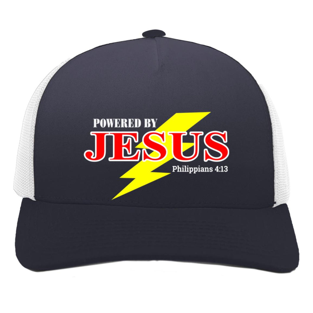 Black and white cap with 'Powered by Jesus' text and lightning bolt design on a white background
