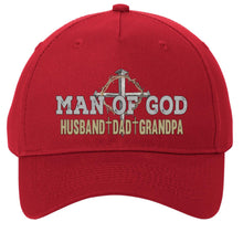 Load image into Gallery viewer, Red cap with &#39;Man of God&#39; text and cross design on a white background