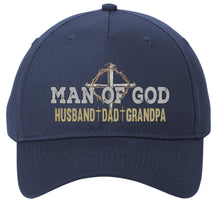 Load image into Gallery viewer, Navy blue cap with &#39;Man of God&#39; text and cross design on a white background