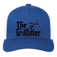 Load image into Gallery viewer, Blue and white cap with &#39;The Grillfather&#39; text and graphic on a white background