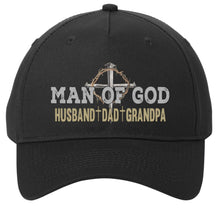 Load image into Gallery viewer, Black cap with &#39;Man of God&#39; text and cross design on a white background
