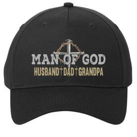 Black cap with 'Man of God' text and cross design on a white background