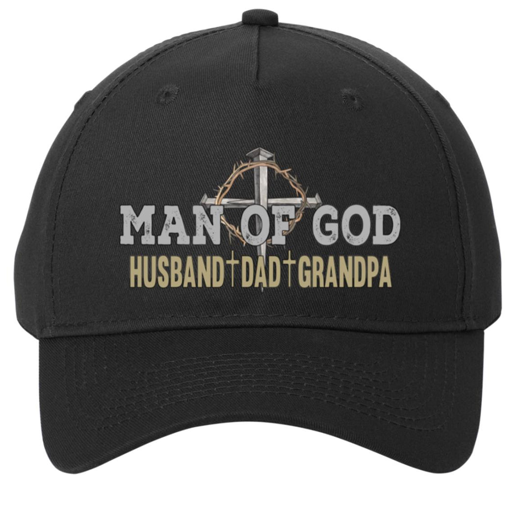 Black cap with 'Man of God' text and cross design on a white background