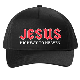 Black cap with red and white text 'Jesus Highway to Heaven' on a white background