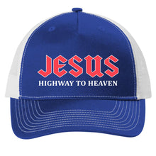 Load image into Gallery viewer, Blue and white cap with &#39;Jesus Highway to Heaven&#39; text on a white background