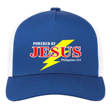 Load image into Gallery viewer, Blue cap with &#39;Powered by Jesus&#39; text and lightning bolt design on a white background