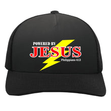 Load image into Gallery viewer, Black cap with &#39;Powered by Jesus&#39; text and lightning bolt design on a white background