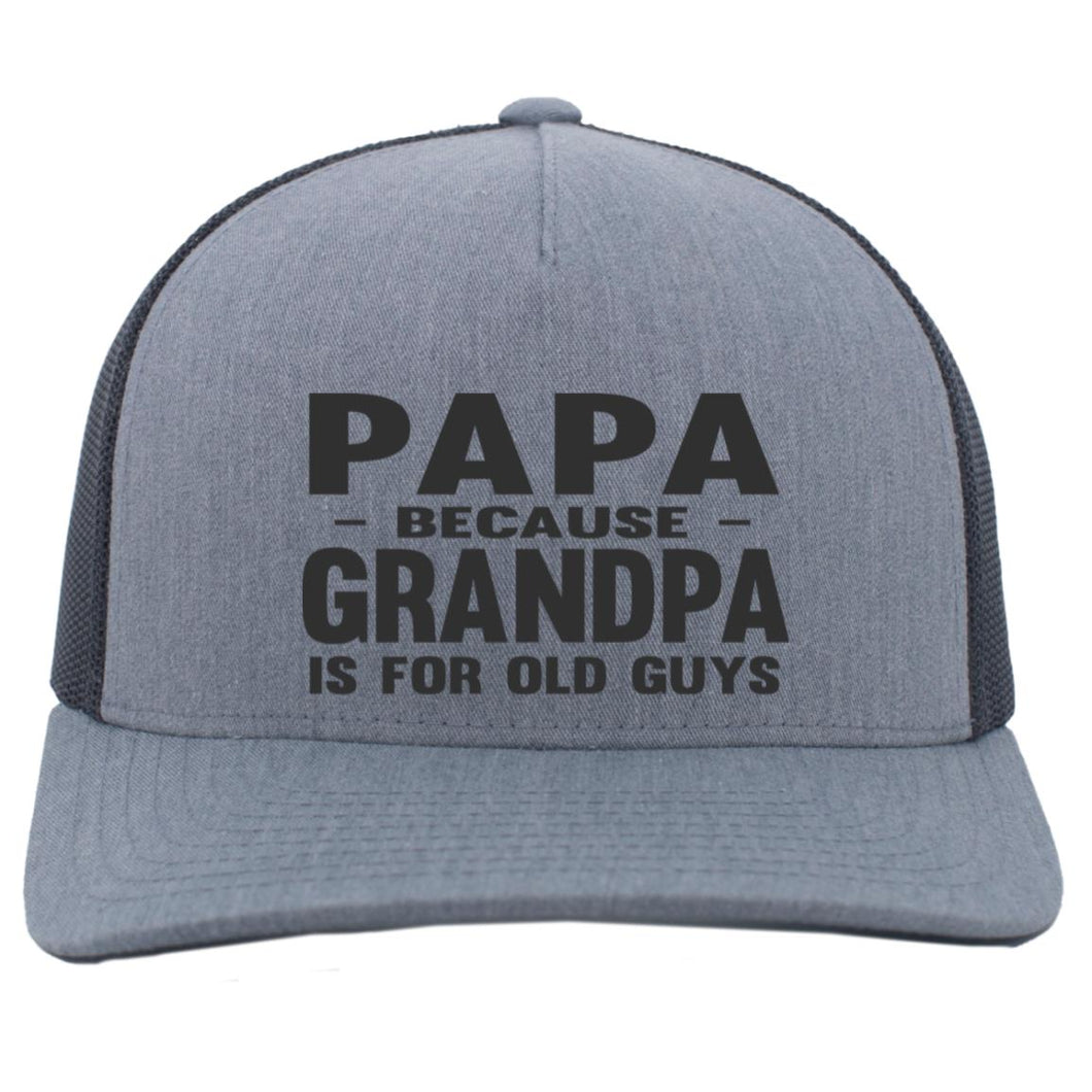 Gray cap with black text 'PAPA BECAUSE GRANDPA IS FOR OLD GUYS' on a white background
