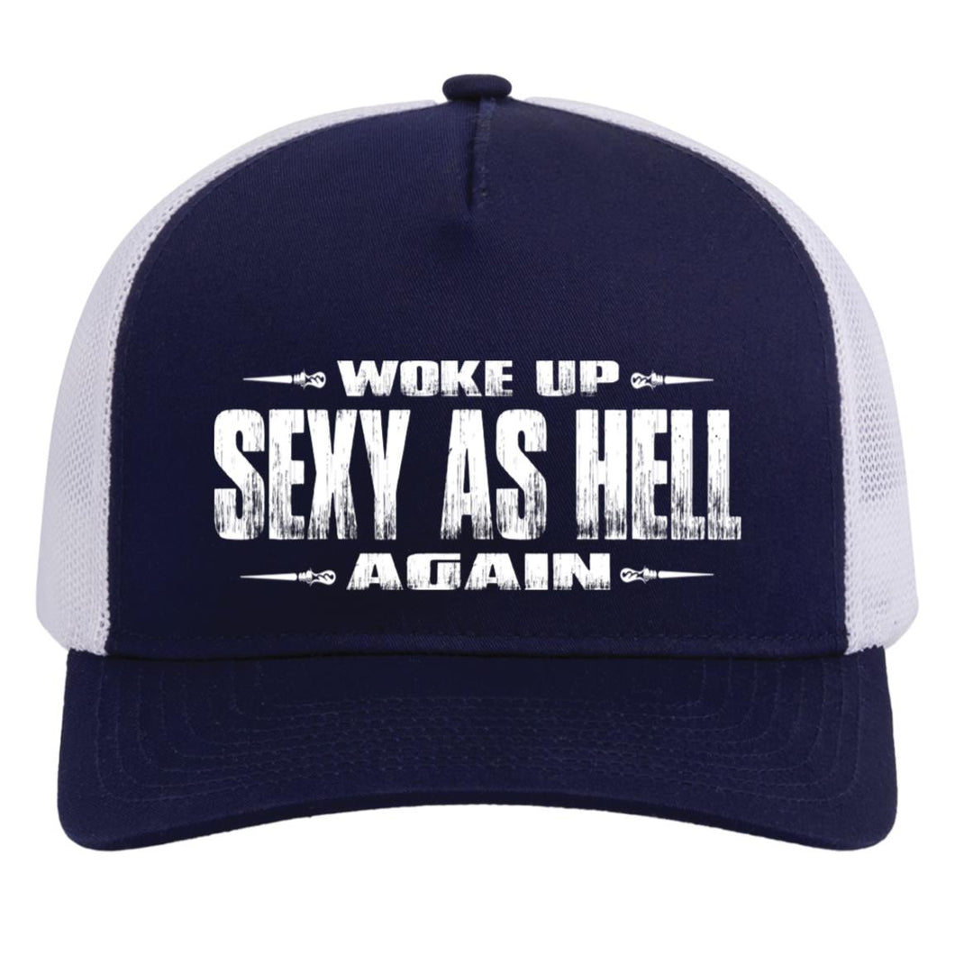 Navy blue and white cap with text 'Woke up sexy as hell again' on a white background