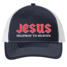 Load image into Gallery viewer, Navy and white cap with &#39;Jesus Highway to Heaven&#39; text on a white background